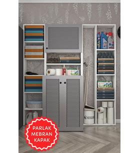 Kenzlife membran çamaşır makinesi dolabı kasparovmega gribyz panjur 180*156*55-20 mebran kapak suntalam gövde banyo kapaklı arkalıksız (Beyaz-Gri)