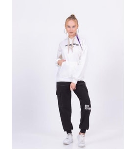 Kız Çocuk Pamuklu Kapüşonlu Sweatshirt Kargo Cepli Eşofman Alt Takım (Siyah Beyaz)