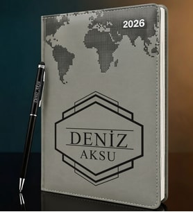 BK Gift Kişiye Özel İsimli Termo Sert Kapak 2026 Gri Ajanda & Kalem -4, Öğretmenler Günü Hediyesi, Yeni İş Hediyesi