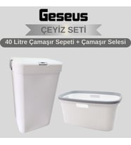 Geseus Motek Tekli 40 Lt Kirli Çamaşır Sepeti+Çamaşır Selesi Ikili Set, Çeyiz Seti Gümüş+Beyaz
