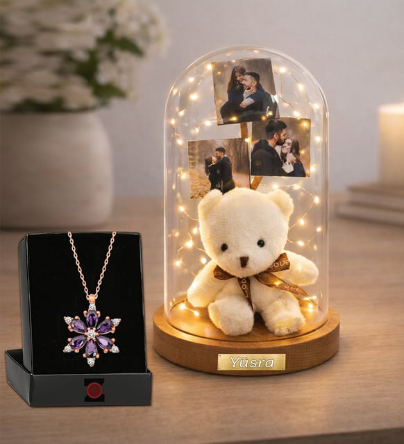 Kişiye Özel Fotoğraflı Led Işıklı Ayıcıklı Ahşap Fanus Fotoğraflı İsme Özel Hediye Seti Ve Lotus Kolye