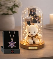 Kişiye Özel Fotoğraflı Led Işıklı Ayıcıklı Ahşap Fanus Fotoğraflı İsme Özel Hediye Seti Ve Lotus Kolye
