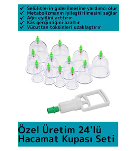 Özel Üretim Yüksek Kaliteli Selülit Çatlak Giderici Vakumlu 24'lü Hacamat Kupası Seti