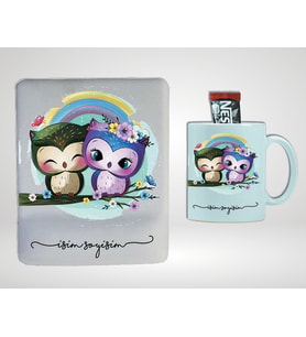 Kişiye Özel Bilek Destekli Mouse Pad & Kupa Bardak Baykuş Desenli
