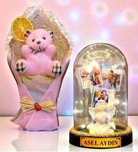 Sizlere Özel İsimli 3 Fotoğraflı Led Işıklı Fanus ve Pembe Peluş Ayıcık Buketi (Model 2)