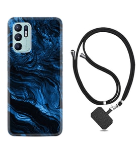 Oppo Reno 6 Kılıf Resimli Boyun Askılı İpli Desenli Silikon Blue MArble 1379