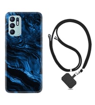 Oppo Reno 6 Kılıf Resimli Boyun Askılı İpli Desenli Silikon Blue MArble 1379