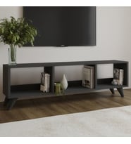 Tina TV Sehpası – 120 cm Açık Meşe Renkli, Retro Tarz Ahşap Ayaklı Minimal TV Sehpası (Antrasit)