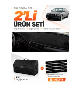 BMW E34 (1988-1996) Uyumlu Torpido Örtüsü + Deri Bagaj Çantası + Sticker Seti - Siyah