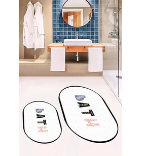 EVDEYA Dijital Yıkanabilir Renkli Bath Yazılı İkili Oval Banyo Paspası Klozet Takımı, OKLOZET-8-BEYAZ, (Beyaz)