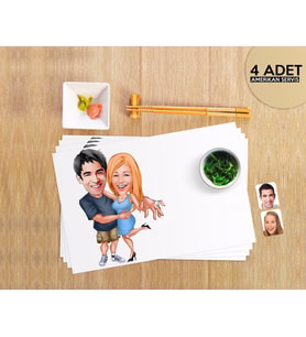 BK Gift Kişiye Özel Sevgililer Karikatürlü 4 Adet Amerikan Servis Seti-14 (Beyaz)