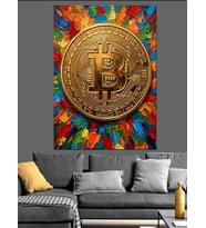 Renk Sıçratmalı Altın Bitcoin Sembolü Dekoratif Kanvas - Mdf Ahşap Tablo