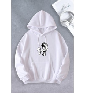 Unisex Kadın Erkek Uzaylı Astronot Baskılı Oversize Sweatshirt 2 İPLİK (Beyaz)