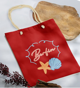 BK Gift Kişiye Özel Yaz Temalı İsimli Kırmızı Halat Saplı Kumaş Plaj Çantası -3, Baskılı Omuz Çantası, Alışveriş Çantası, Arkadaşa Hediye, Sevgiliye Hediye