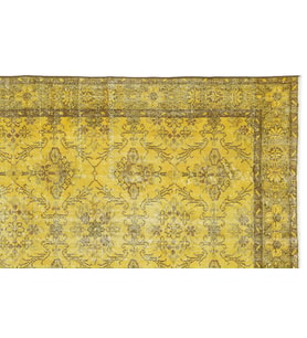 Eskitme Halı Sarı Tonlarda Floral Motifli Yün El Dokuma Klasik Salon Halısı Dekoratif Parça