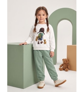 Kız Çocuk Ekru Baskılı Sweatshirt ve Yeşil Jogger Eşofman Takımı