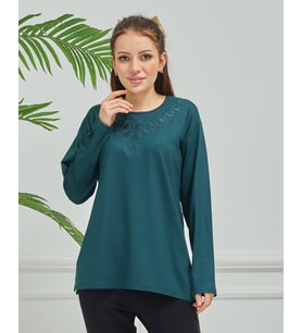 Kadın İşlemeli Anne Günlük Orta Yaş Penye Bluz (Petrol)