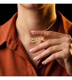 Kişiye Özel 925 Ayar Gümüş Tasarım Yıldız Figürlü İsim Kolye (Gold)