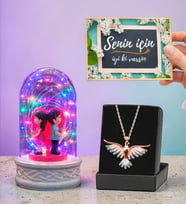 Renkli Led Işıklı Sırt Sırta Sevgililer Fanus ve Renkli Zümrüdü Anka Kuşu (Pembe)