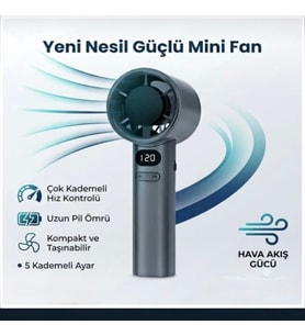 Dijital Göstergeli 14000 RPM Turbo Şarjlı El Fanı 5 Kademeli Taşınabilir Mini Vantilatör Cep Tipi Güçlü Soğutucu Gri Renk