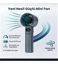 Dijital Göstergeli 14000 RPM Turbo Şarjlı El Fanı 5 Kademeli Taşınabilir Mini Vantilatör Cep Tipi Güçlü Soğutucu Gri Renk