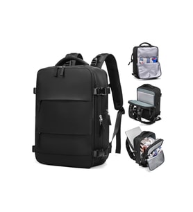 Su Geçirmez 16" inç 30L Ayakkabı Bölmeli Seyahat Sırt Çantası - Laptop Bölmeli, USB Şarj Girişli (Siyah)