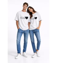 Sevgili Kombini Kalp Ritmi Baskılı Çift Tişört Oversize Unisex Partner Kombin Çift Seti (Beyaz)