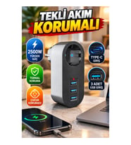 2500W Termal Korumalı Güvenlikli Priz – 3 USB, Type-C ve Çocuk Koruması