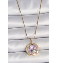 316L Çelik Gold Renk Zincir Mor Çiçek İşlemeli İnci Detay Potre Model Kadın K - SSSSSS7699-5