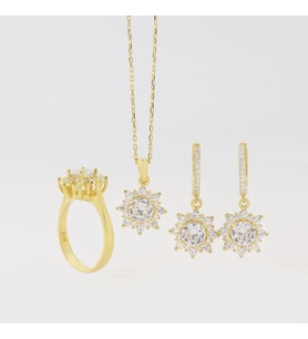 925 Ayar Gümüş Beyaz Yuvarlak Taşlı Gold Anturaj Set