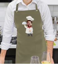 BK Gift Kişiye Özel Erkek Chef Karikatürlü Profesyonel Haki Yeşil Mutfak Önlüğü, Aşçı Önlüğü, Şef Önlüğü, Arkadaşa Hediye-1
