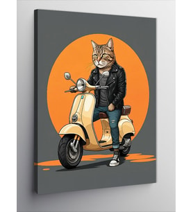 Kanvas Tablo Scooter Sürüşü Yapan Kedi
