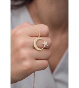 925 Ayar Gümüş Gold Zirkon Taşlı Ayyıldız Kolye