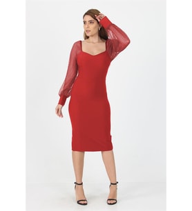 Neşeli butik kadın yeni sezon kolları tül midi boy likralı elbise NB10004 (Kırmızı)