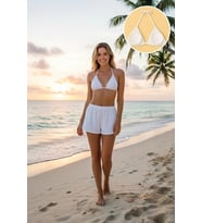 Beyaz Şortlu Bağlamalı Bikini Takımı Üçgen Kesim Ayarlanabilir Esnek Kumaş Kadın Mayo Seti