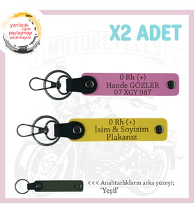 Motosiklet Severlere Özel, İsim Plaka ve 0 Rh (+) Kan Grubu Acil Durum x2 Anahtarlık, Sarı-Pembe-Ysl