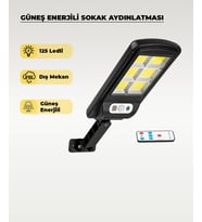 125 LED Solar Sokak Aydınlatması Sensörlü Kumandalı 6500K Beyaz Işık Güneş Enerjili Dış Mekan Lamba (Siyah)