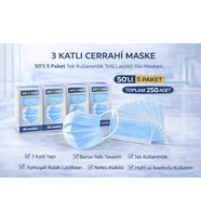 3 Katlı Cerrahi Maske 50'Li 5 Paket Tek Kullanımlık Telli Lastikli Yüz Maskesi Toplam 250 Adet