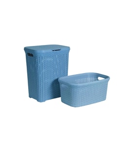 2'li Set Hasır Desenli Plastik Mavi Çamaşır Sepeti & Mavi Çamaşır Selesi