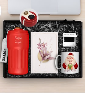 Yılbaşına Özel Çelik 500 ML Dereceli Termos & Tasarım Defter & Kişiye Özel Kupa & Ayna Hediye Seti