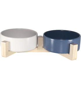 Mama Su Kabı Ahşap Standı Seramik Kasesi Yavru Evcil Hayvan Minimalist (Mavi+Beyaz, Çiftli)