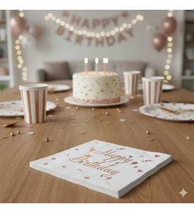 20'li Happy Birthday Peçete - Varaklı Beyaz Rose Gold Baskılı
