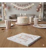 20'li Happy Birthday Peçete - Varaklı Beyaz Rose Gold Baskılı