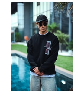 Uzun Kol Bisiklet Yaka Ön Ve Arka Baskılı SweatShirt - Siyah