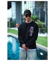 Uzun Kol Bisiklet Yaka Ön Ve Arka Baskılı SweatShirt - Siyah