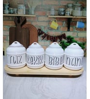 4 Adet Seramik 400 ml Tuz/Kekik/Biber/Nane Kavanoz Seti Baharatlık Seti