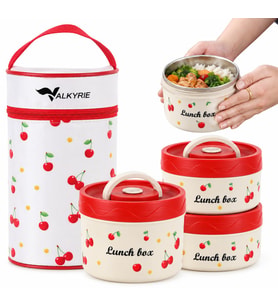 Valkyrie 3 Katlı Paslanmaz Çelik Kirazlı Yemek Termosu Lunch Box 1390 ml Taşıma Çantalı Isı Yalıtımlı