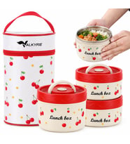 Valkyrie 3 Katlı Paslanmaz Çelik Kirazlı Yemek Termosu Lunch Box 1390 ml Taşıma Çantalı Isı Yalıtımlı