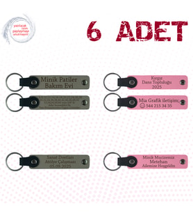 Kül Gri & Pembe, 6’lı Set, İsim Yazılabilen Deri Anahtarlık, Aile Buluşmalarına Küçük Hatıra