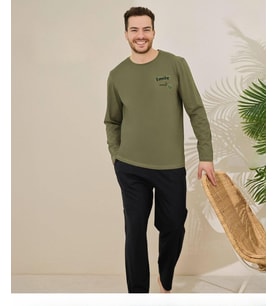 Pijamoni Erkek Pamuklu Bisiklet Yaka Uzun Kol İnce Pijama Takımı 6150/1 - 1 Adet (Haki)
